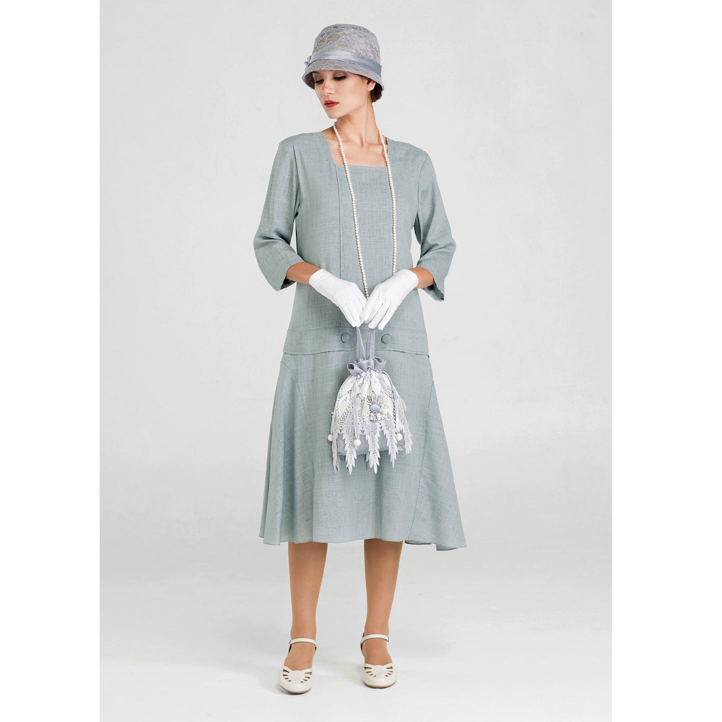 Grey Great Gatsby linen dress with square neck and 3/4 sleeves - a vintage-inspired Roaring Twenties dress