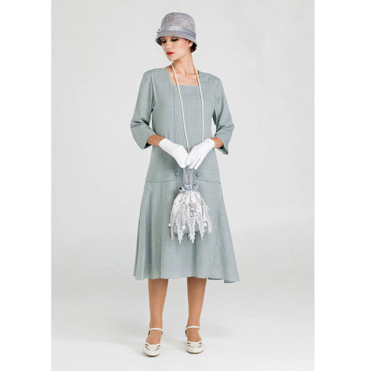 Grey Great Gatsby linen dress with square neck and 3/4 sleeves - a vintage-inspired Roaring Twenties dress