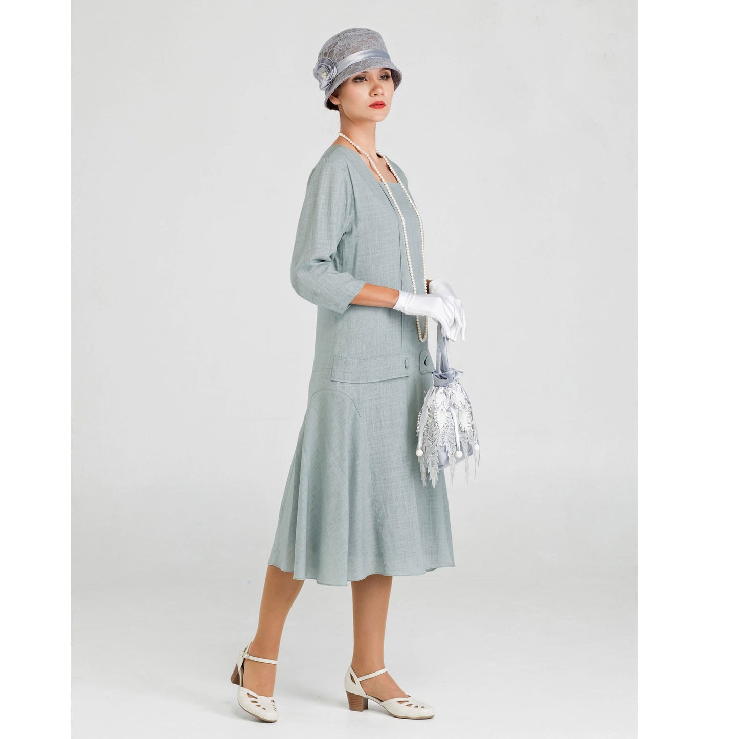 Grey linen Great Gatsby dress with square neck and 3/4 sleeves. The 1920s day dress can be worn as Downton Abbey dress or Jazz Age lawn party dress.