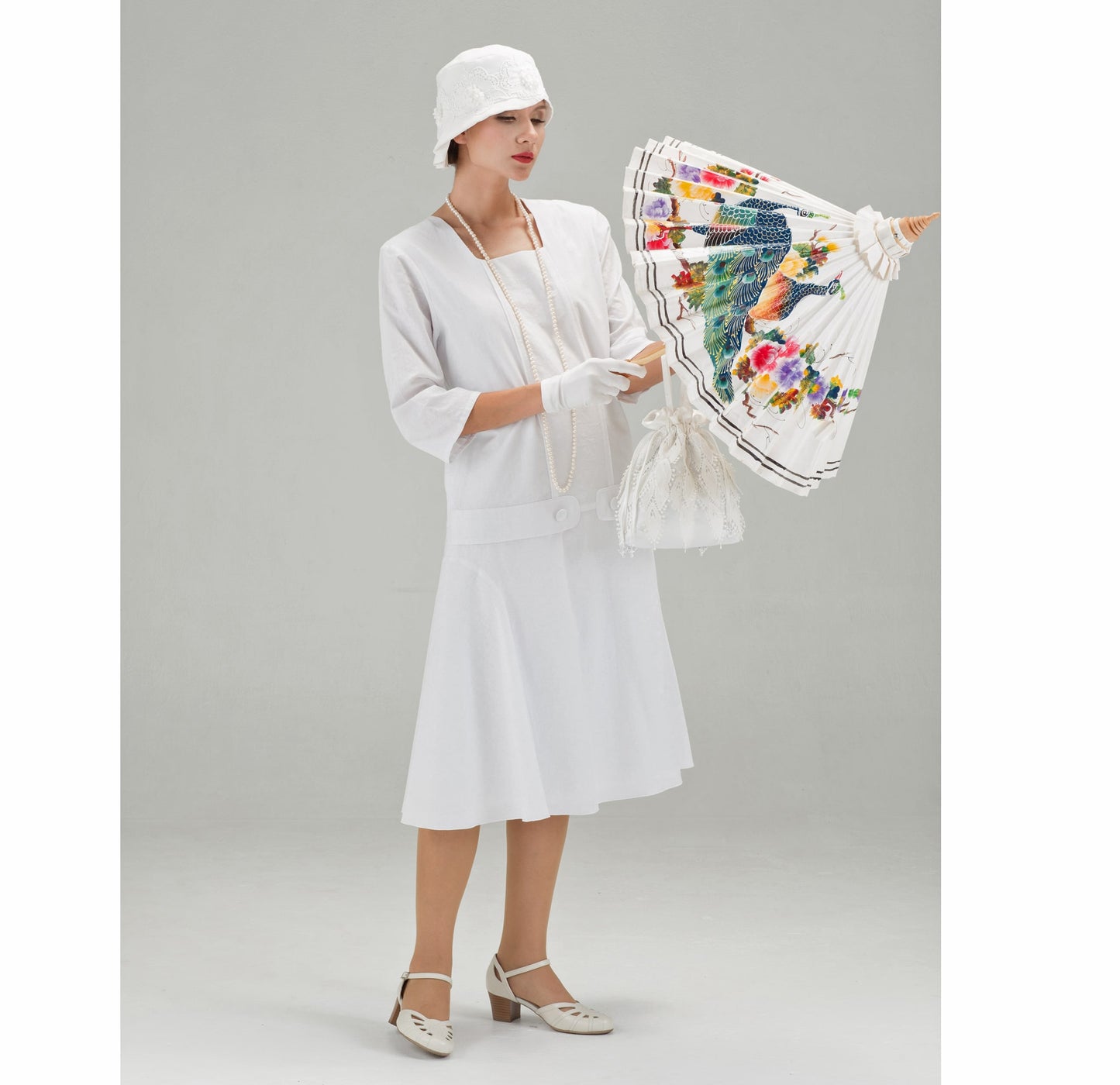 White Great Gatsby cotton dress with square neckline
