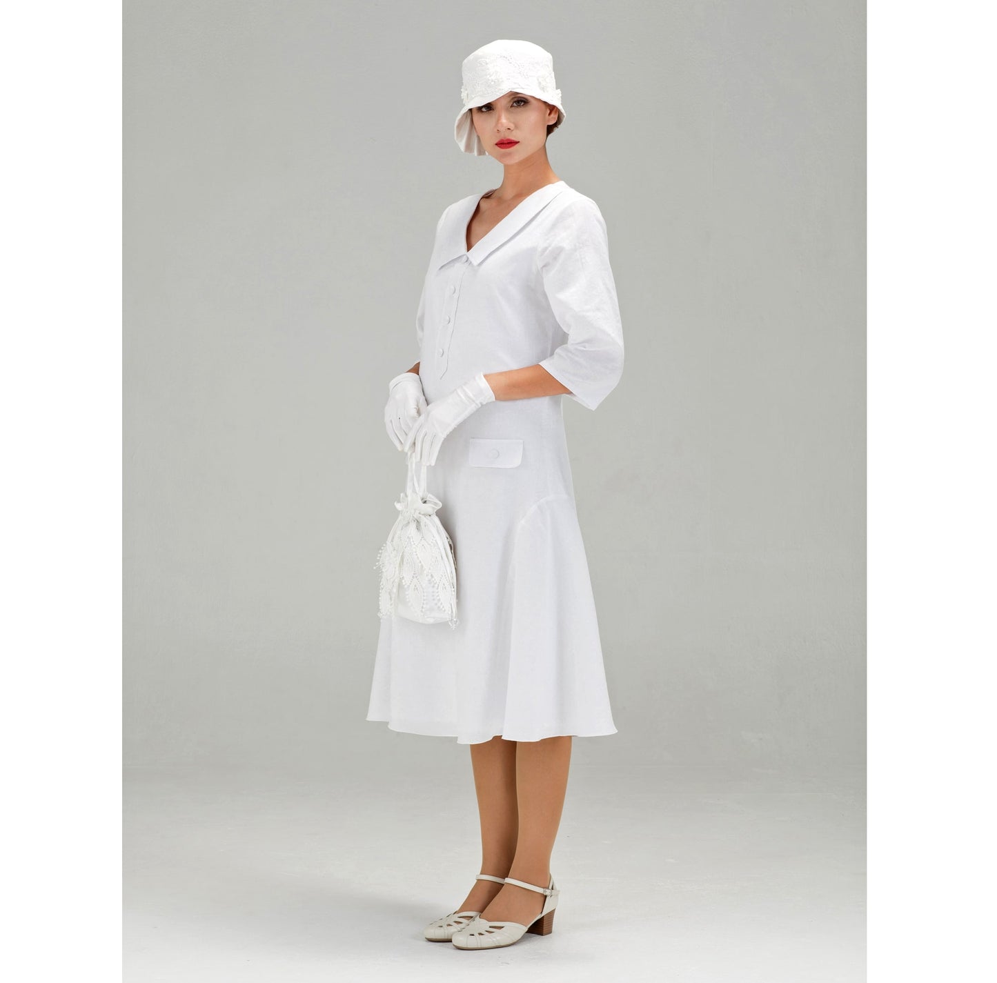 White Gatsby cotton dress with small puritan collar and 3/4 sleeves