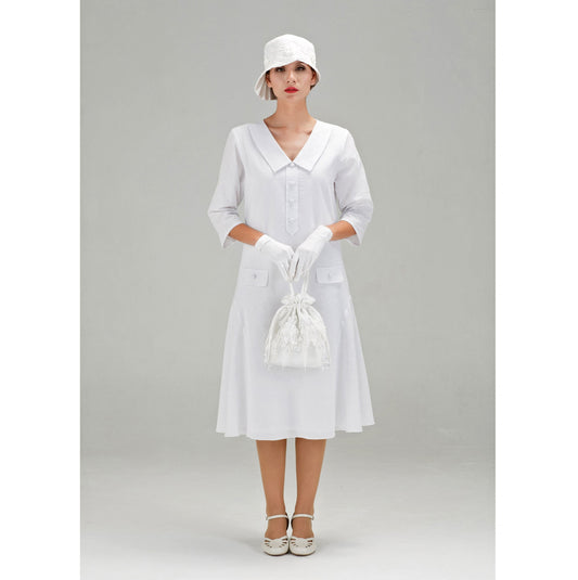 White Gatsby cotton dress with small puritan collar and 3/4 sleeves - a vintage-inspired Roaring Twenties dress
