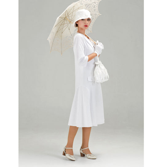 White Gatsby cotton dress with small puritan collar and 3/4 sleeves