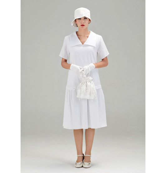White Great Gatsby cotton dress with puritan collar and short sleeves - a vintage-inspired Roaring Twenties dress