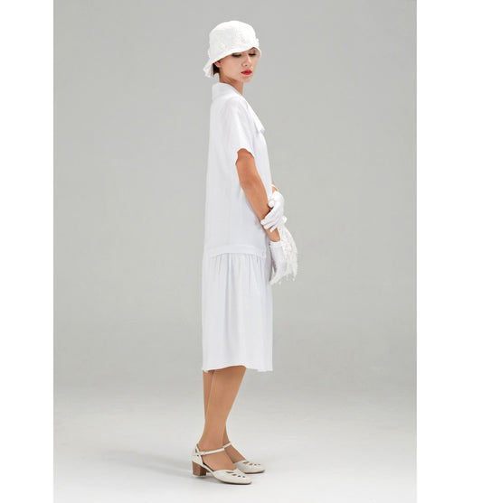 White Great Gatsby cotton dress with puritan collar and short sleeves