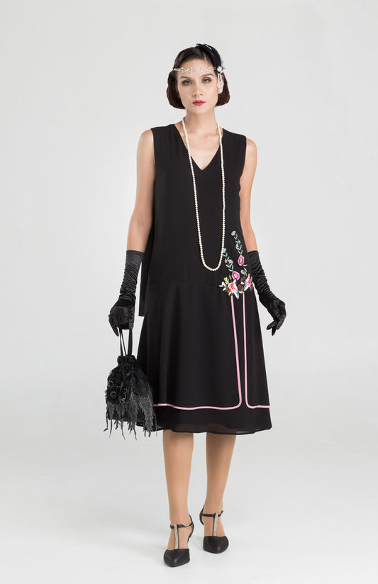 CLEARANCE: Black 1920s evening dress with a shoulder train