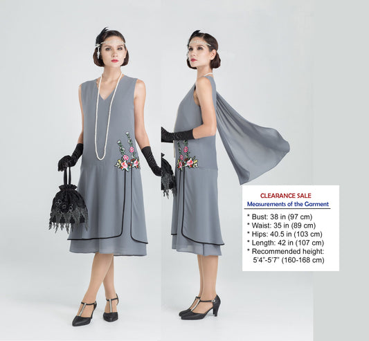 CLEARANCE: 1920s party dress in grey with floral embroidery