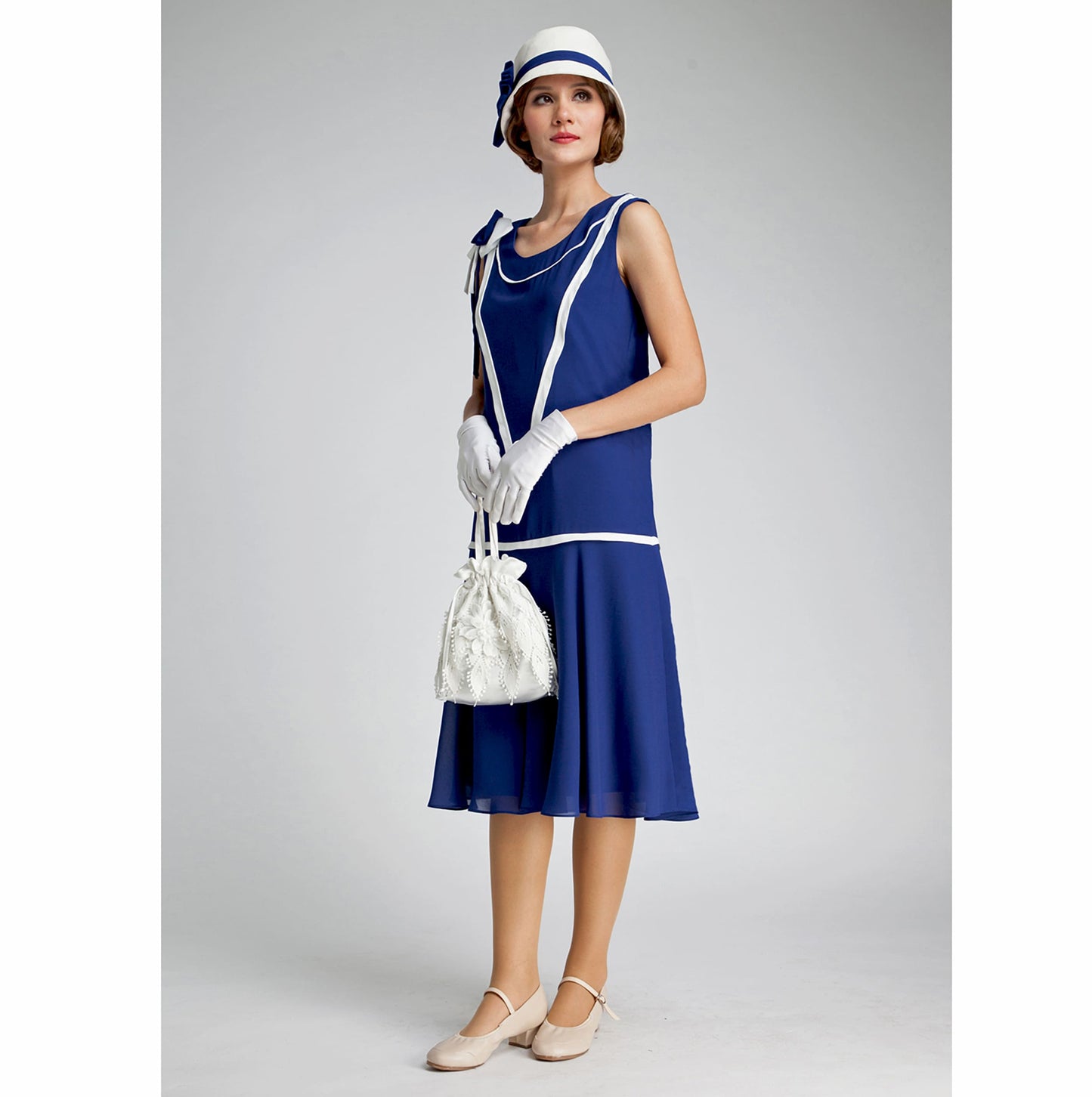 1920s cloche hat with off-white cotton and dark blue chiffon ribbon