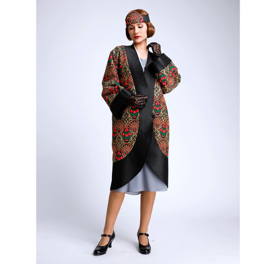 Size M/L - Black Great Gatsby 20s-inspired embroidered silk art deco coat - a vintage-inspired Roaring Twenties coat