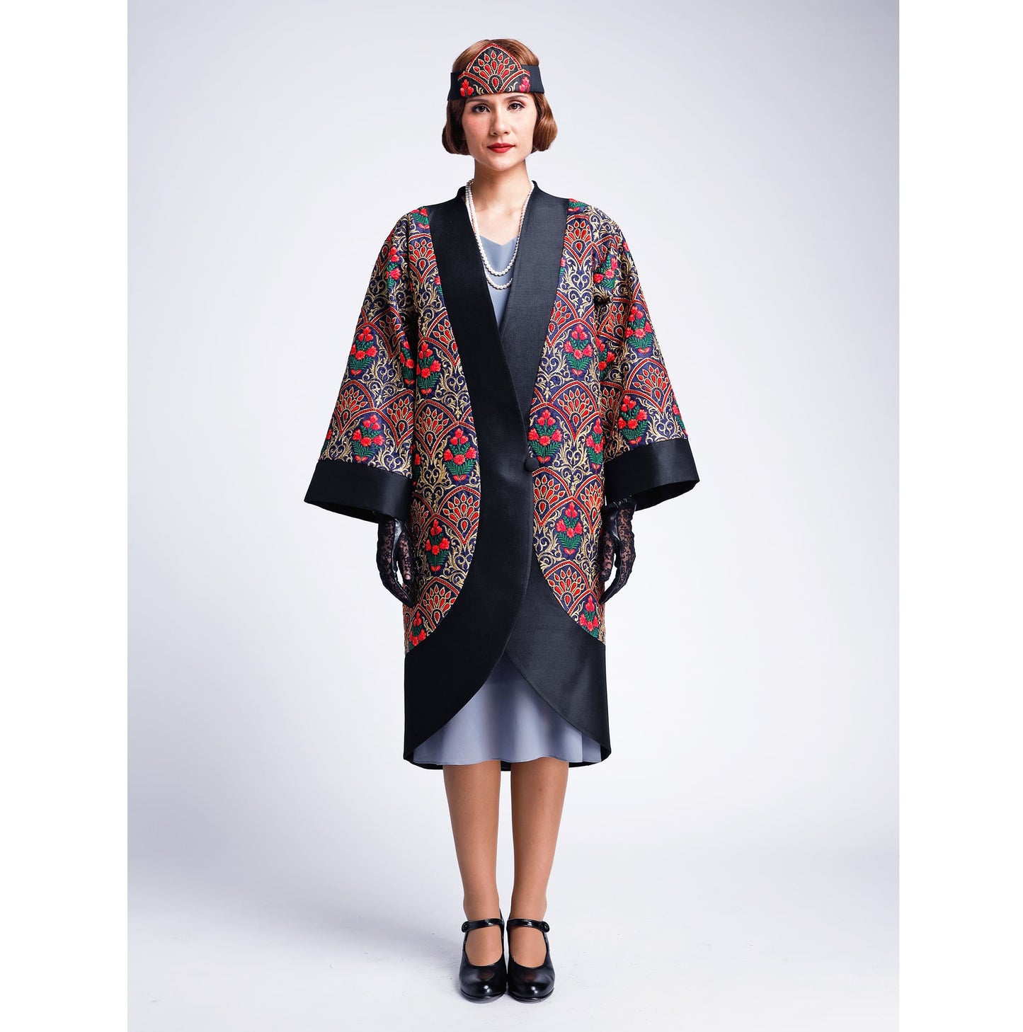 Great Gatsby 1920s embroidered silk art deco coat in blue and black