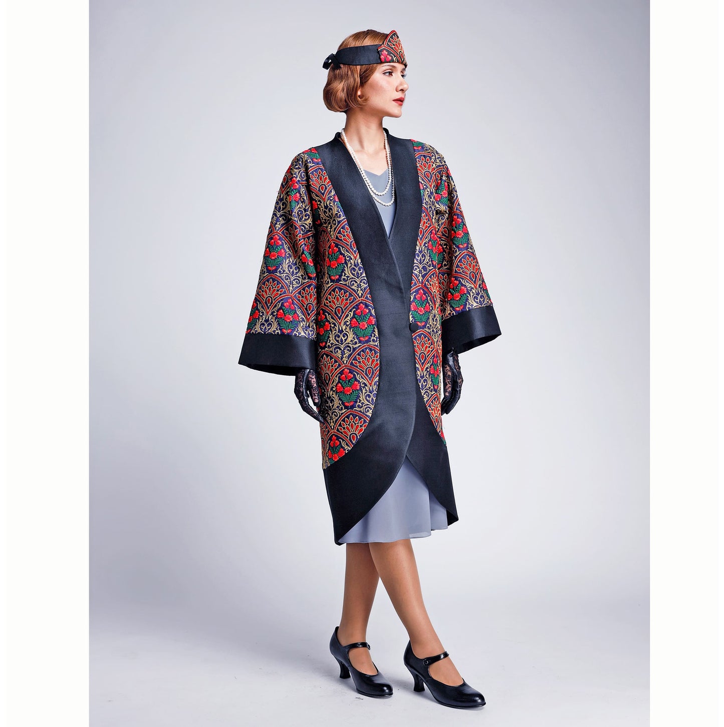 Great Gatsby 1920s embroidered silk art deco coat in blue and black
