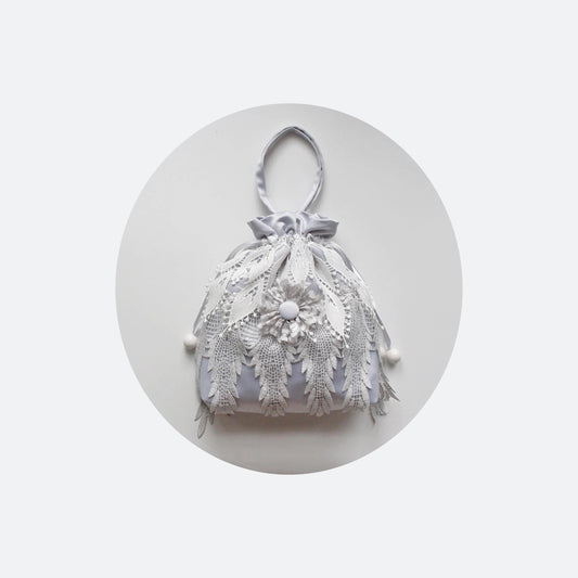 1920s inspired drawstring wristlet in silver satin and grey lace - a vintage-inspired Roaring Twenties handbag