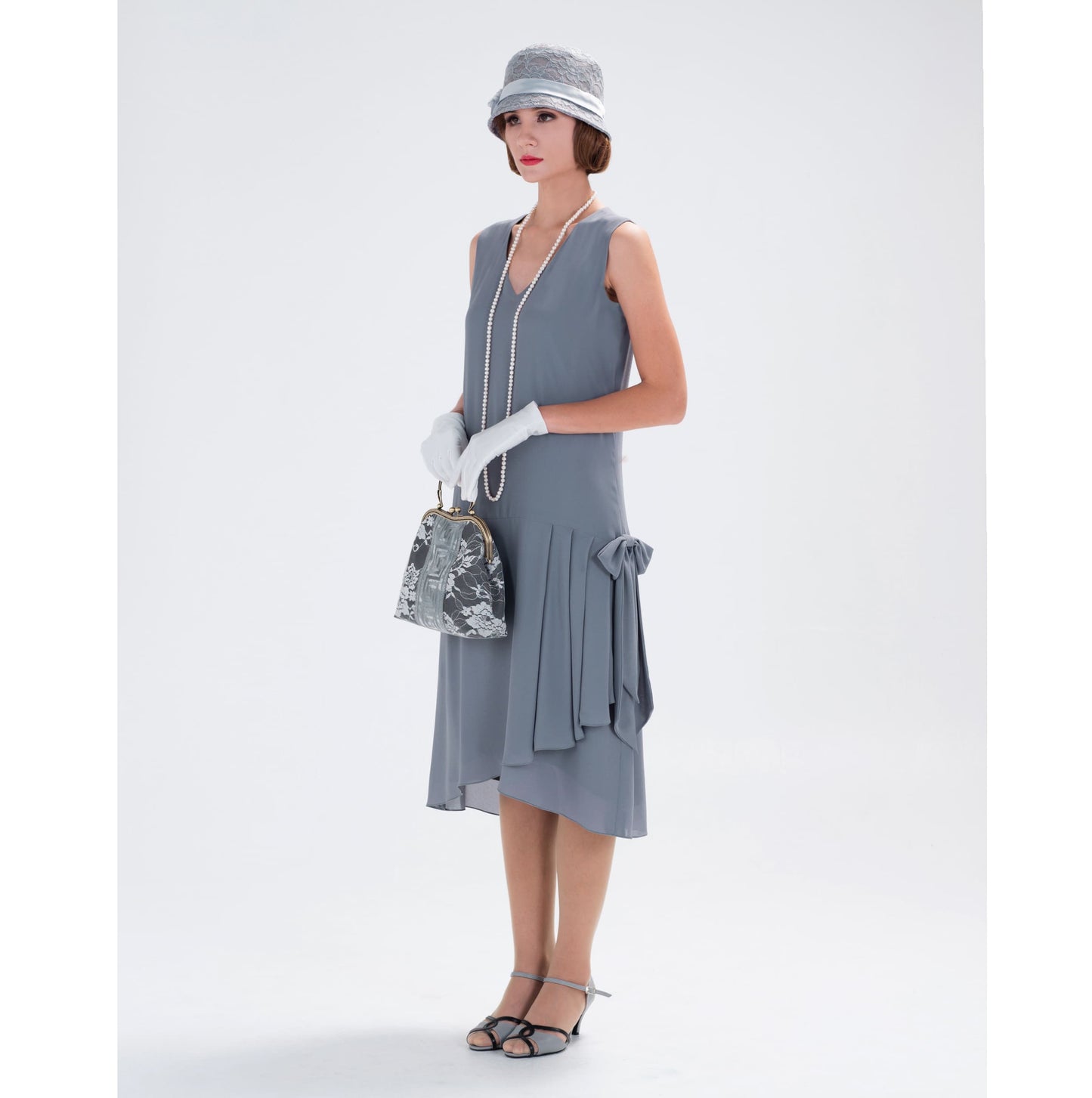 1920s dress in grey chiffon with drape and bow