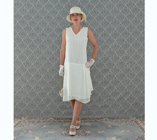 Cream 1920s high tea dress with drape and bow - - a vintage-inspired Roaring Twenties dress