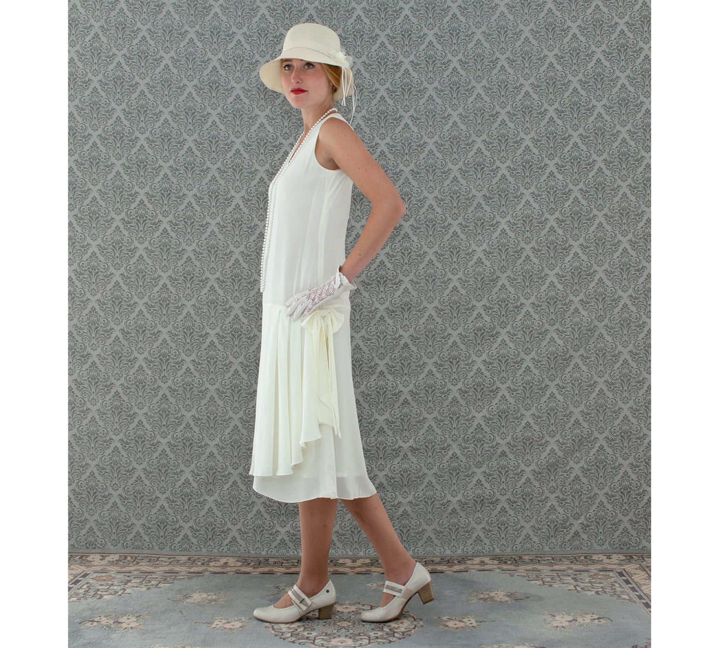 Cream chiffon high tea dress with drape and bow. This flapper can be worn as a Downton Abbey dress, Great Gatsby dress or 20s day dress.