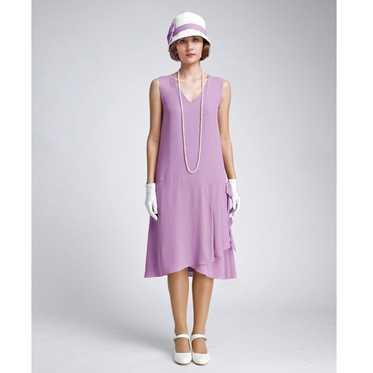 Lavender 1920s-inspired crepe georgette dress with drape and bow - a vintage-inspired Roaring Twenties dress