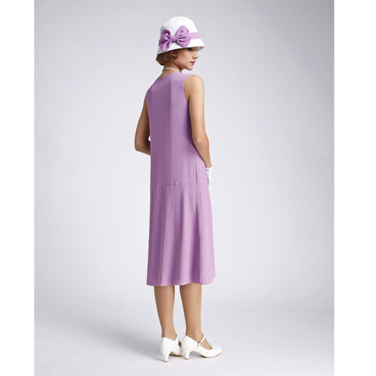 Lavender 1920s-inspired crepe georgette dress with drape and bow