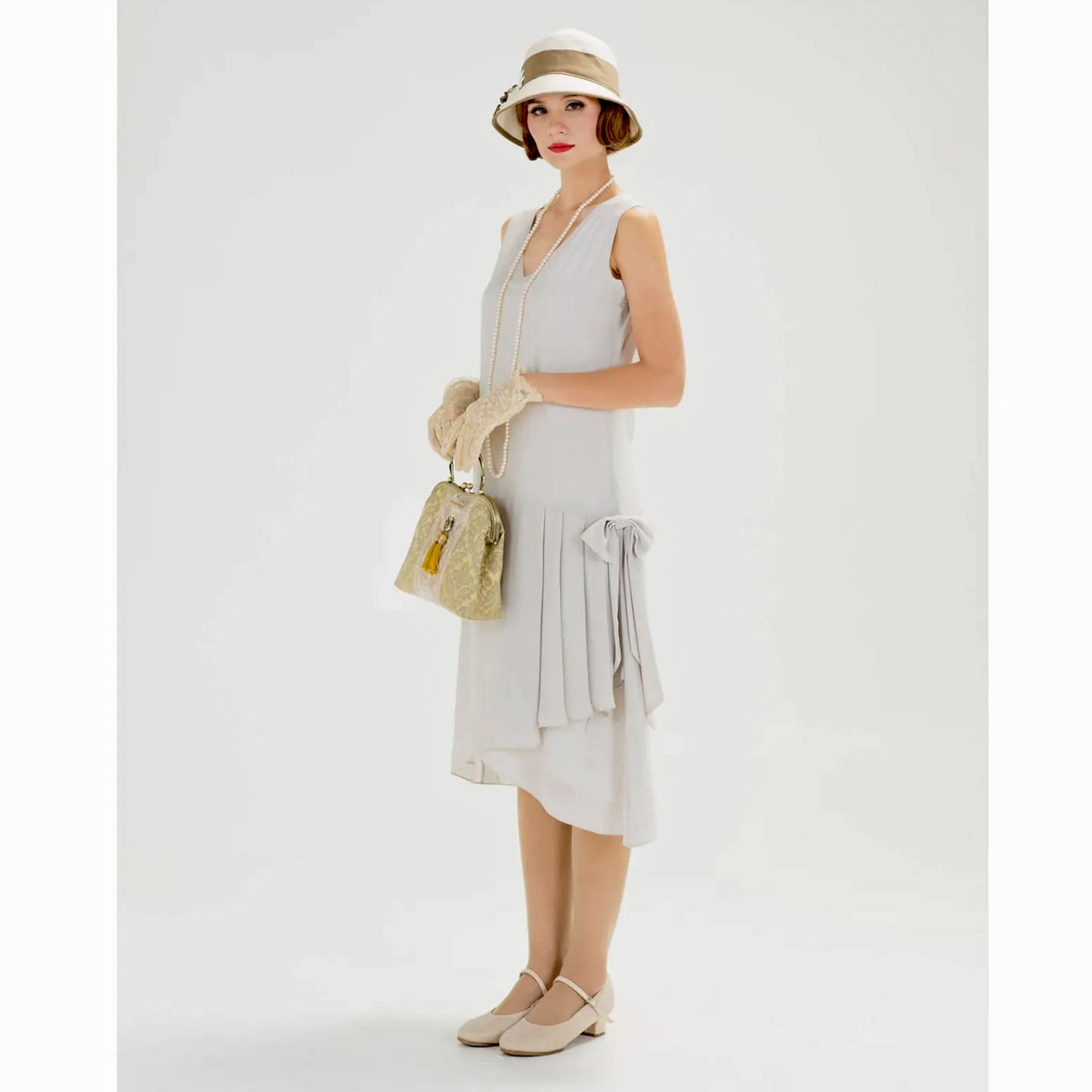 1920s flapper chiffon dress with drape & bow in bleached linen color - a vintage-inspired Roaring Twenties dress