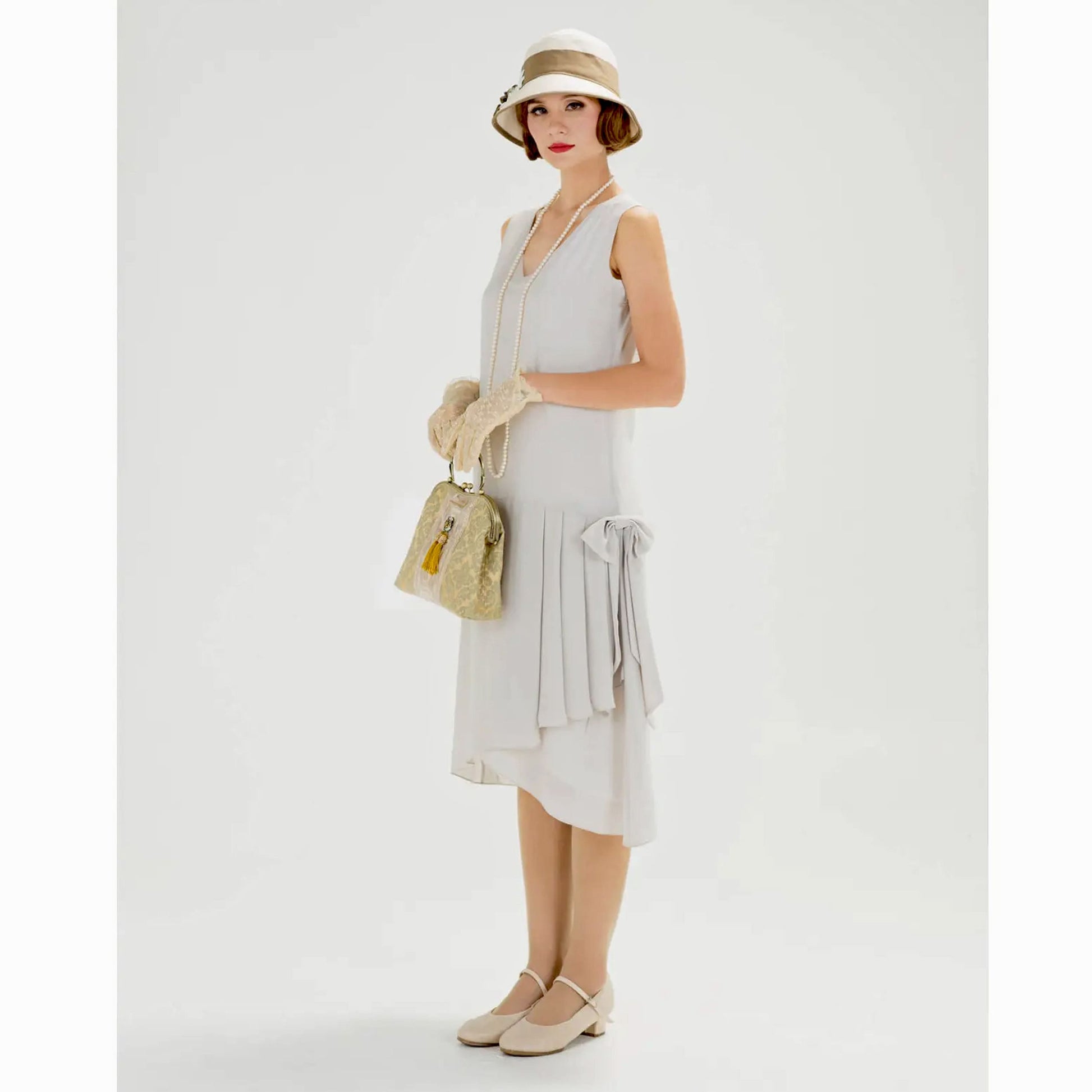 1920s flapper chiffon dress with drape & bow in bleached linen color - a vintage-inspired Roaring Twenties dress