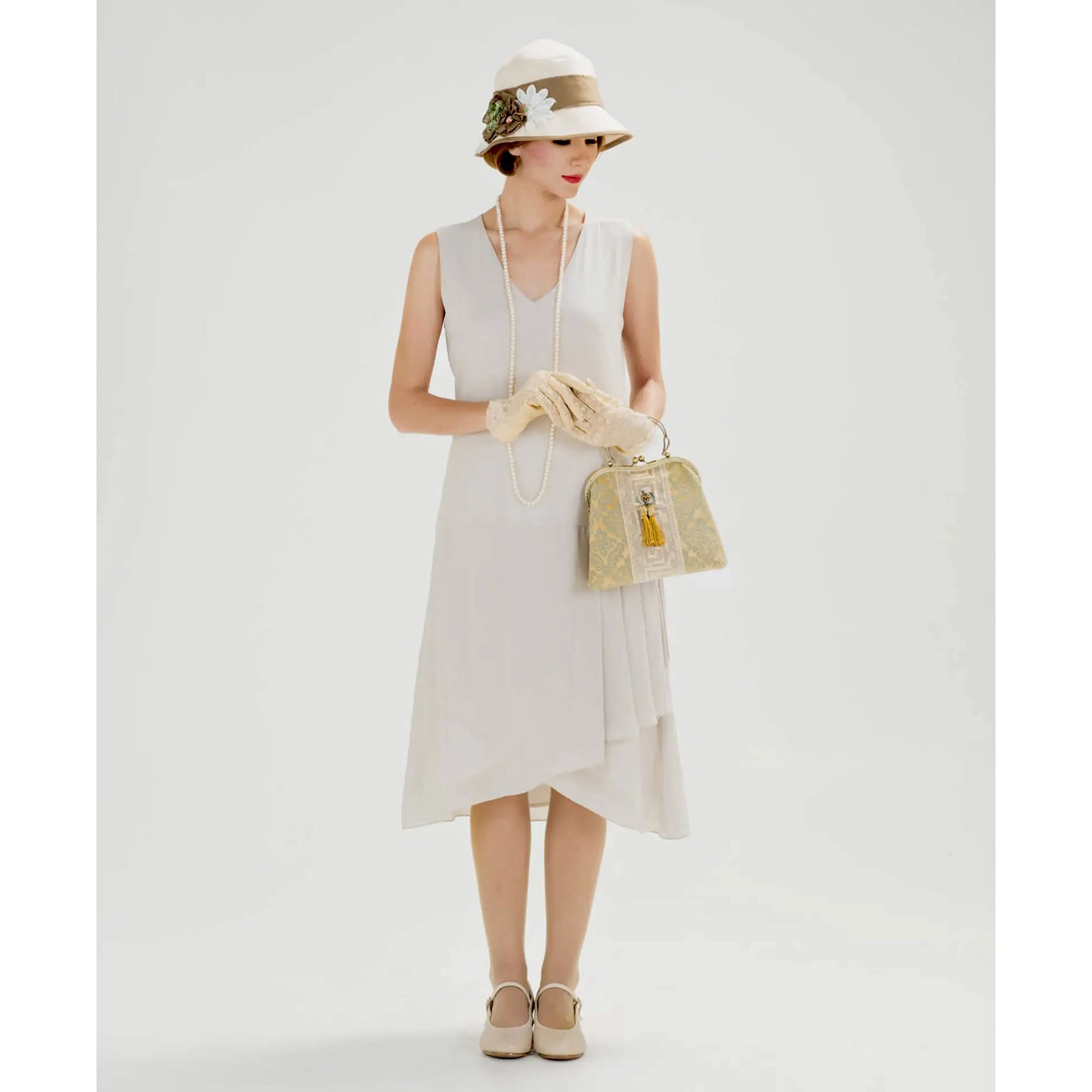 Chiffon 1920s dress in bleached linen color with drape & bow. This flapper can be worn as a Great Gatsby dress or Downton Abbey dress