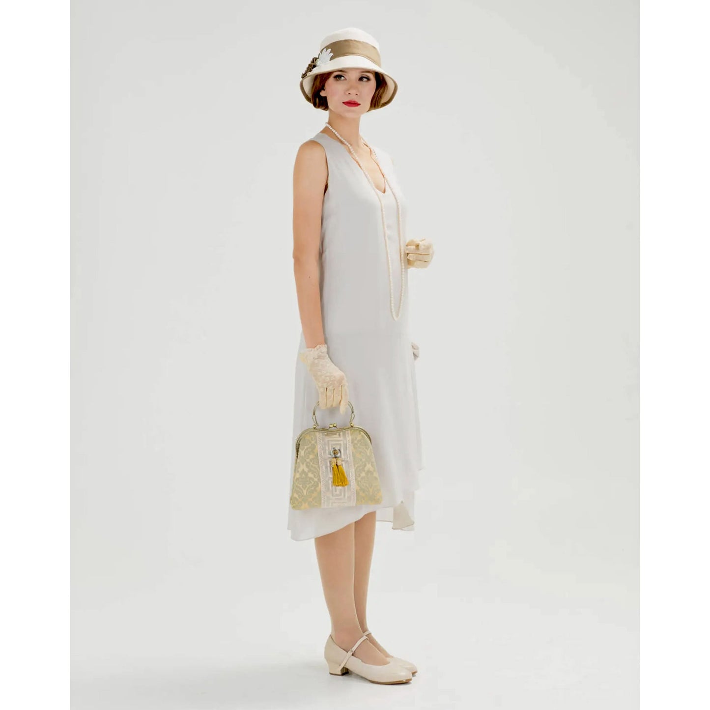 1920s flapper chiffon dress with drape & bow in bleached linen color