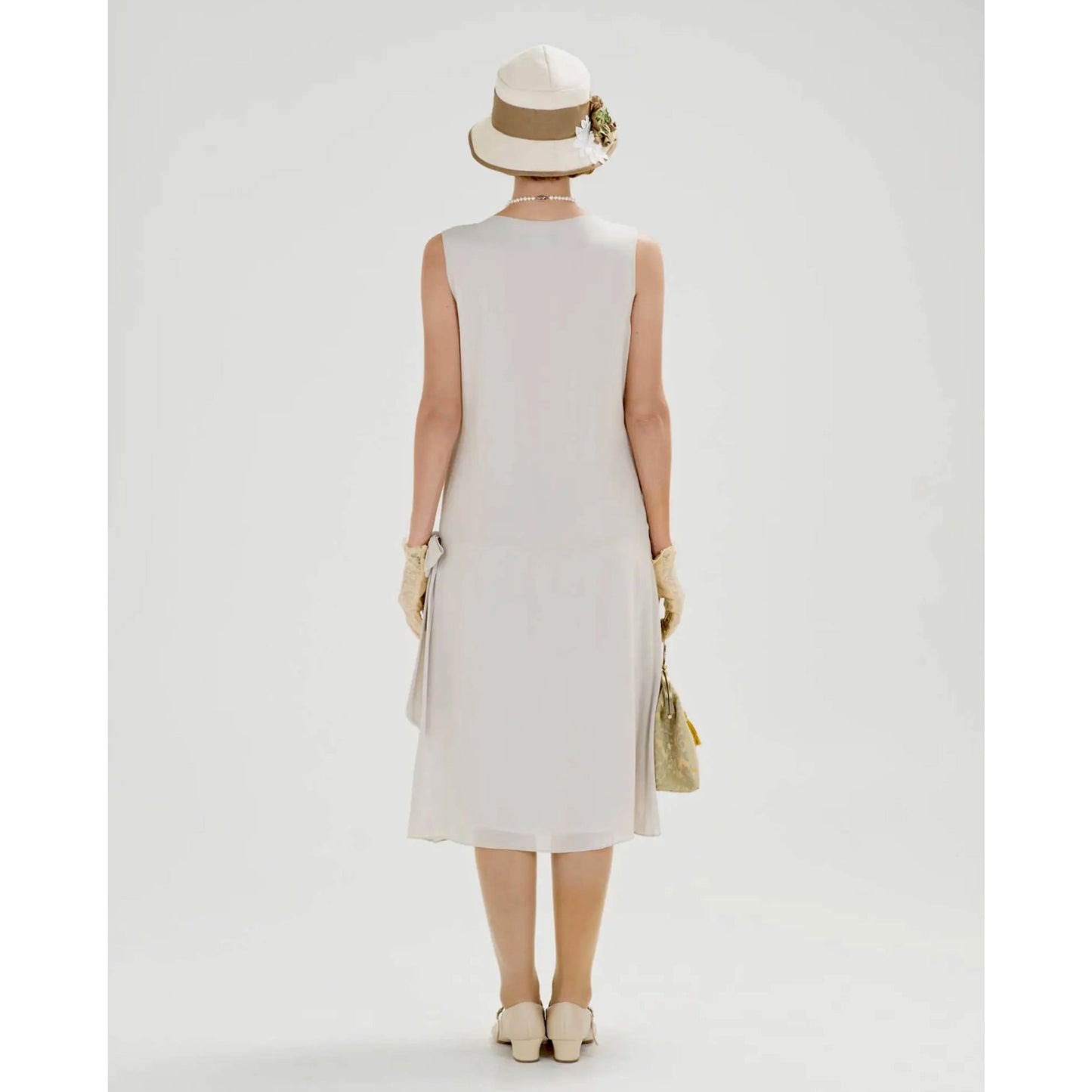 1920s flapper chiffon dress with drape & bow in bleached linen color