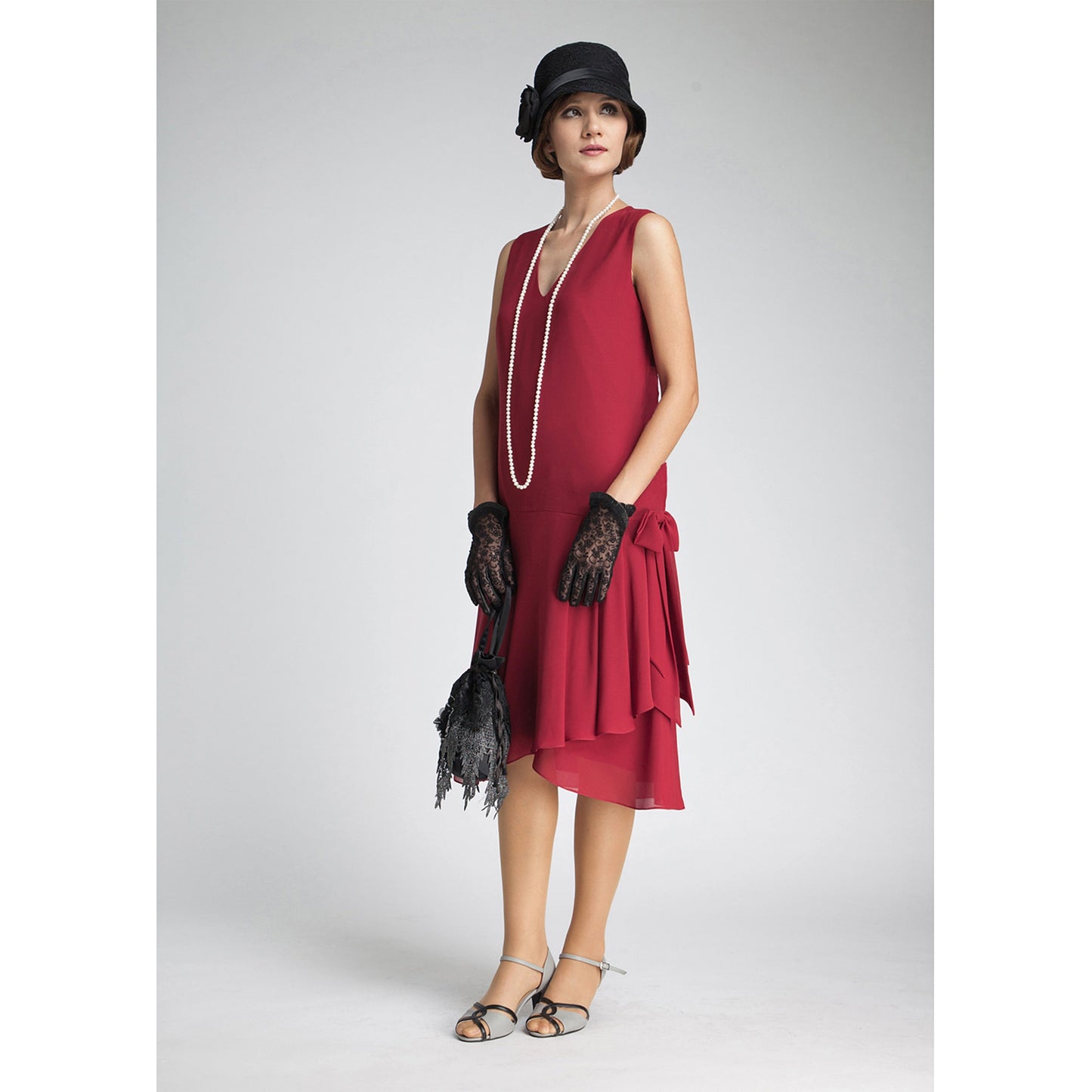 Maroon red chiffon flapper dress with drape and bow - a vintage-inspired Roaring Twenties dress
