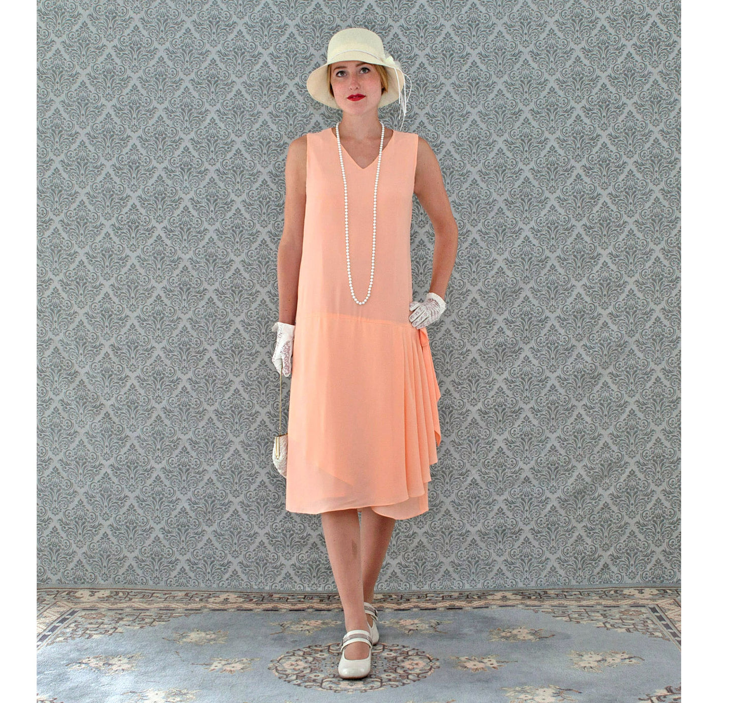 Peach Great Gatsby chiffon dress with drape and bow - a vintage-inspired Roaring Twenties dress