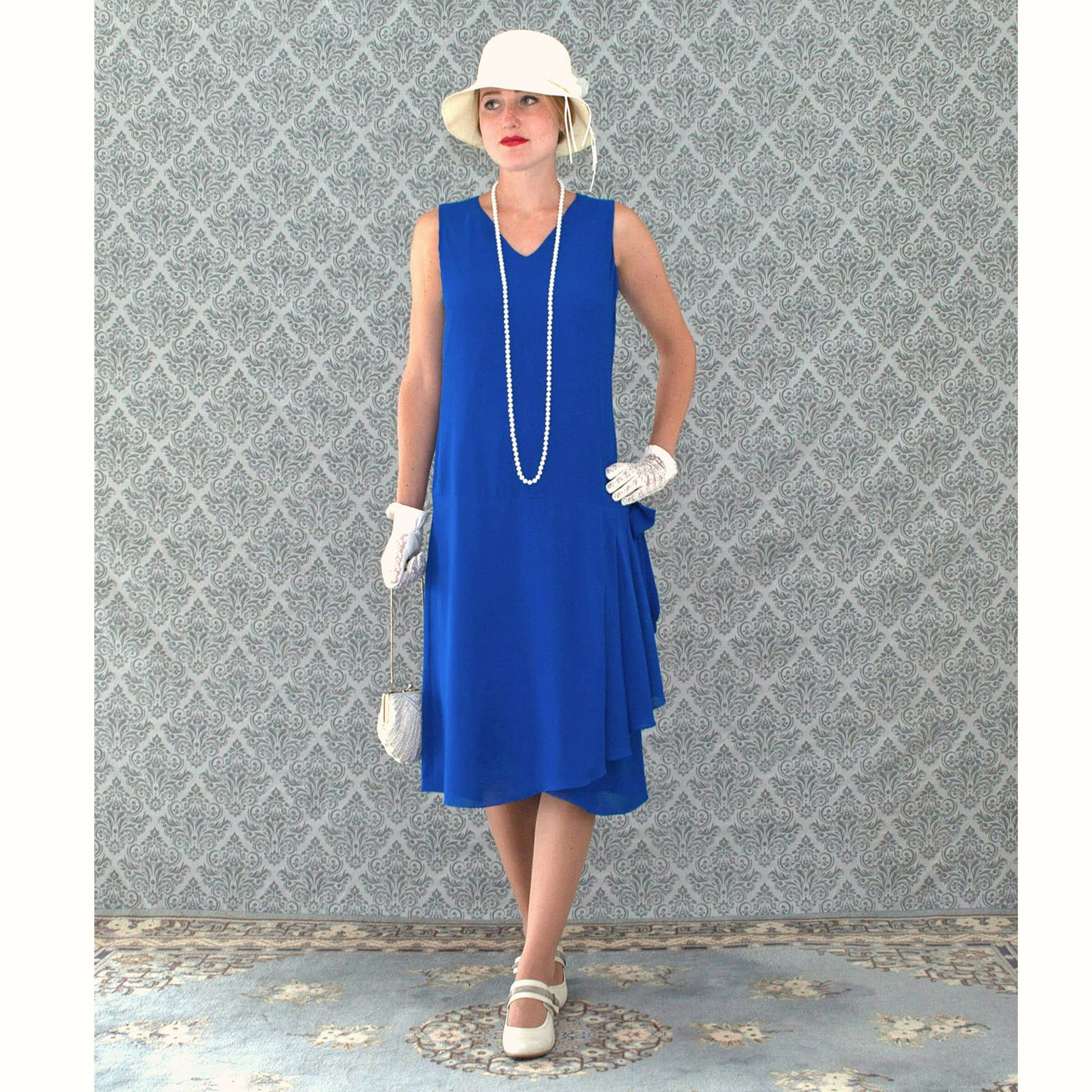 Sapphire blue 1920s Great Gatsby day dress with drape/bow on the skirt - a vintage-inspired Roaring Twenties dress