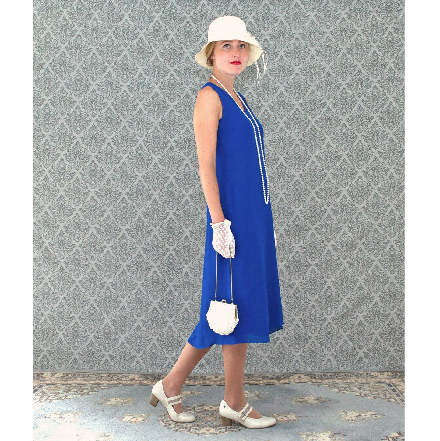 Sapphire blue 1920s Great Gatsby day dress with drape/bow on the skirt