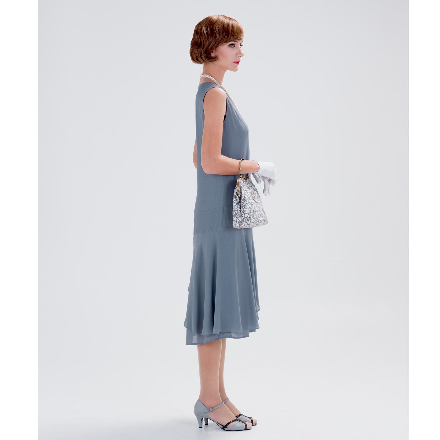 Grey 1920s chiffon high tea dress with a ruffled skirt detail