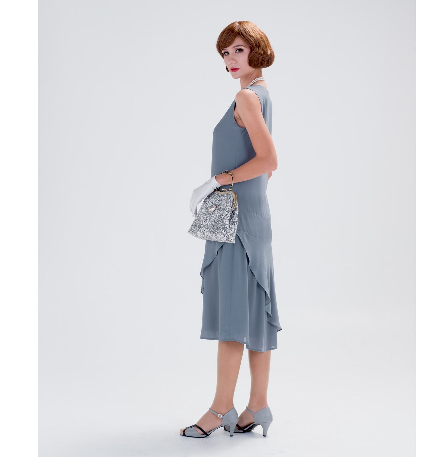 A grey chiffon 1920s high tea dress with a ruffled skirt detail, can be worn as a Downton Abbey dress, Great Gatsby dress or flapper.