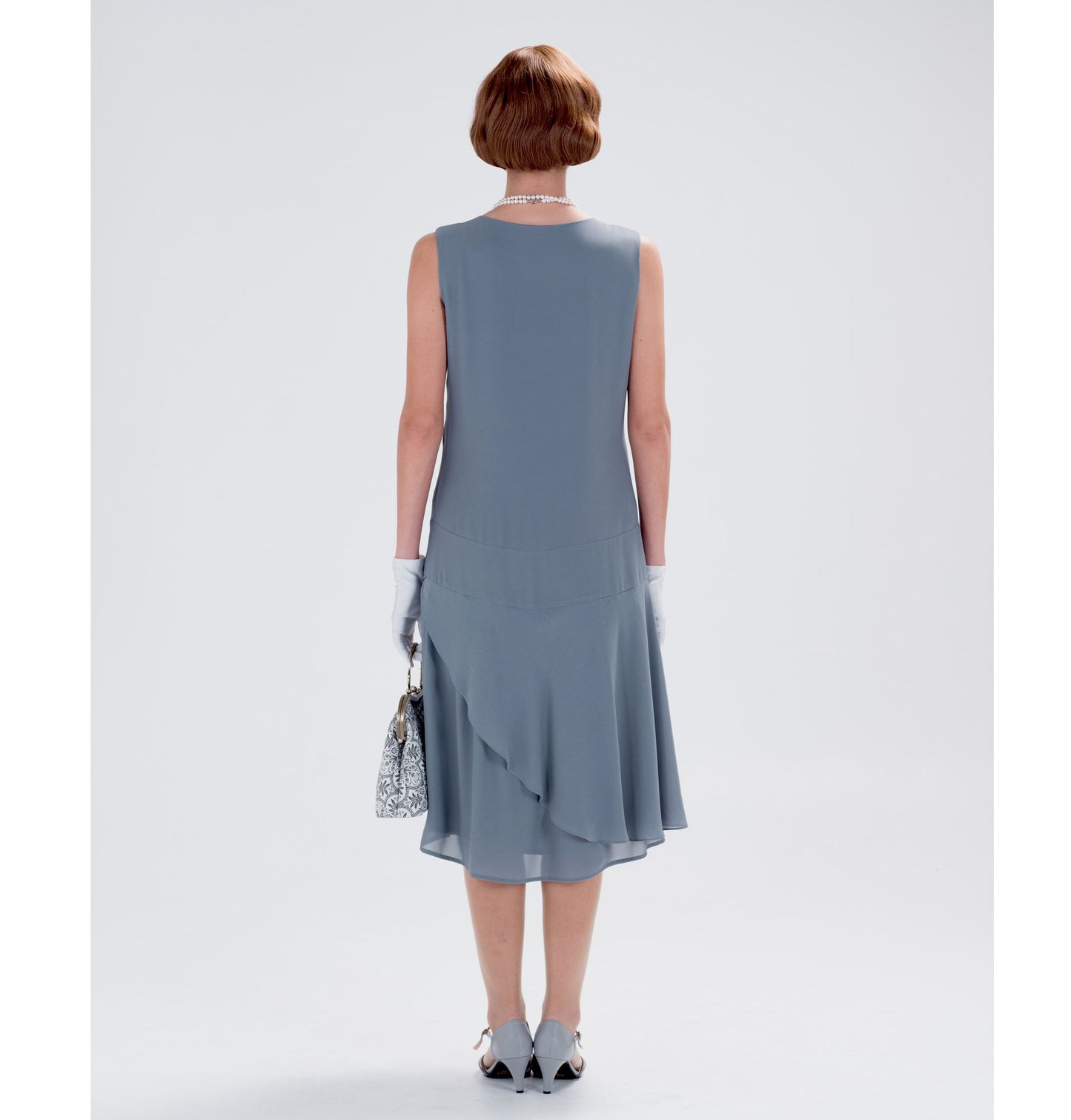 Grey 1920s chiffon high tea dress with a ruffled skirt detail