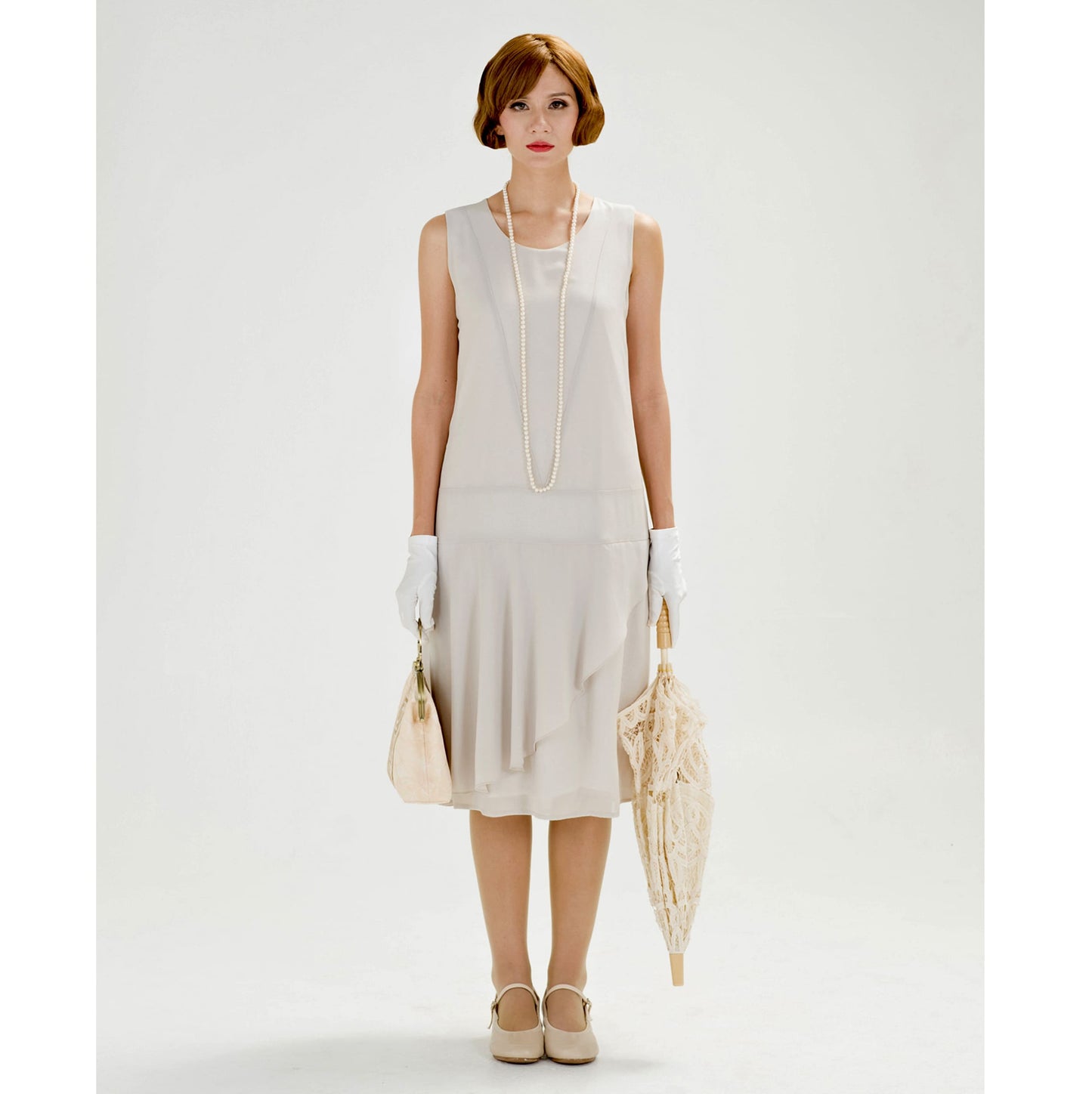 Great Gatsby chiffon dress with ruffled skirt in bleached linen color