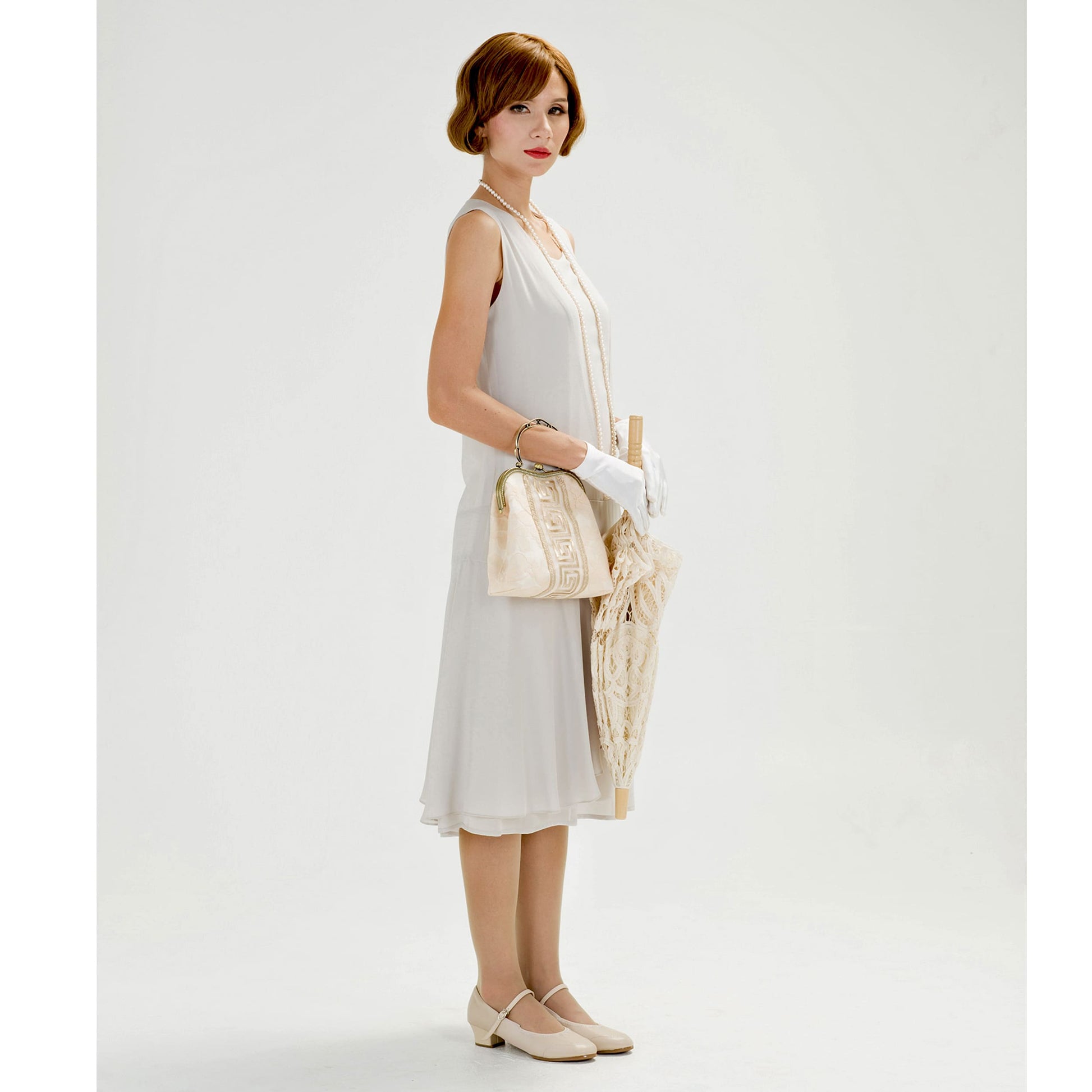 1920s fashion dress made of chiffon fabric in bleached linen color. Can be worn as Great Gatsby dress, 1920s flapper dress or Downton Abbey dress.