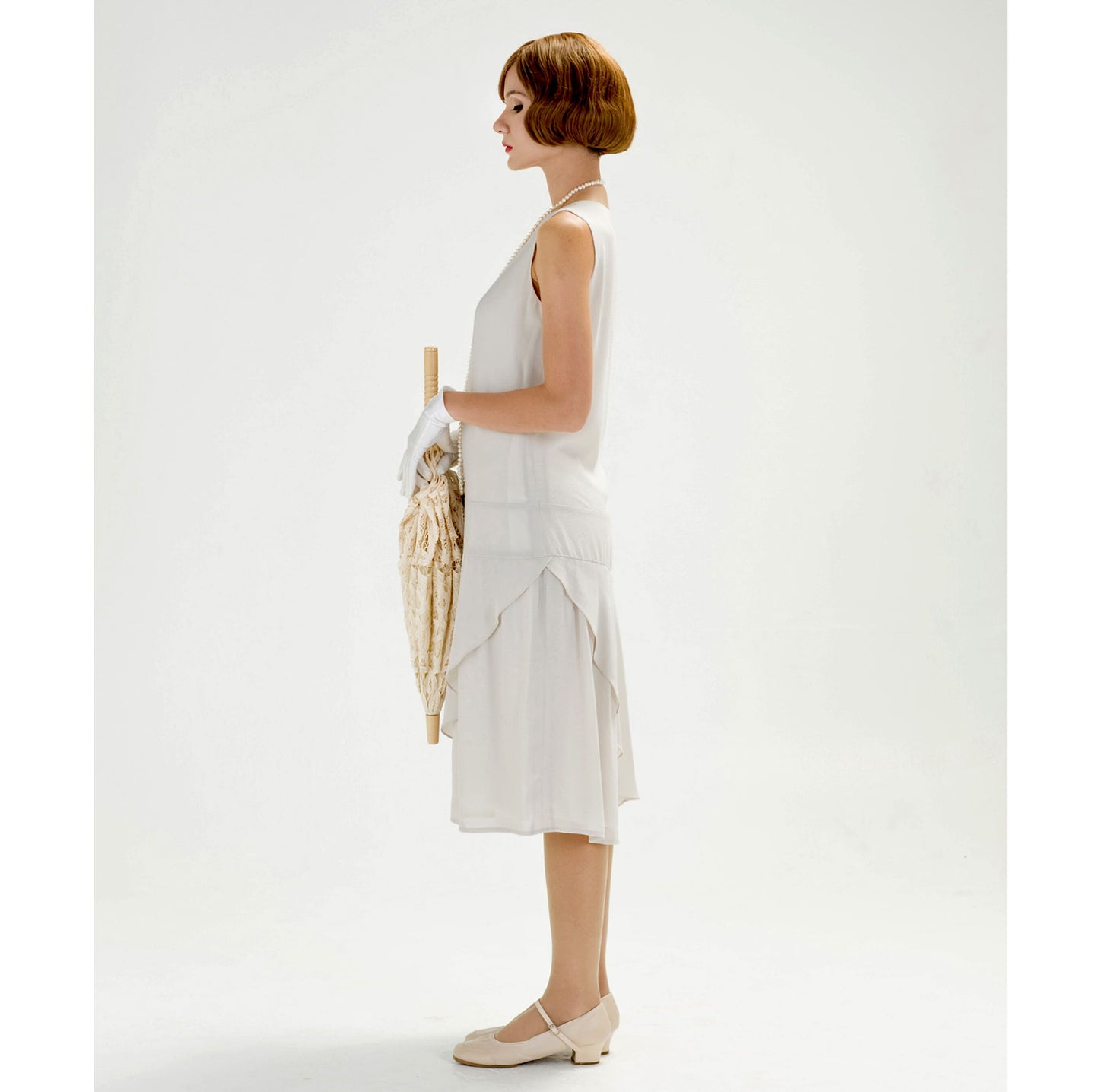 Great Gatsby chiffon dress with ruffled skirt in bleached linen color