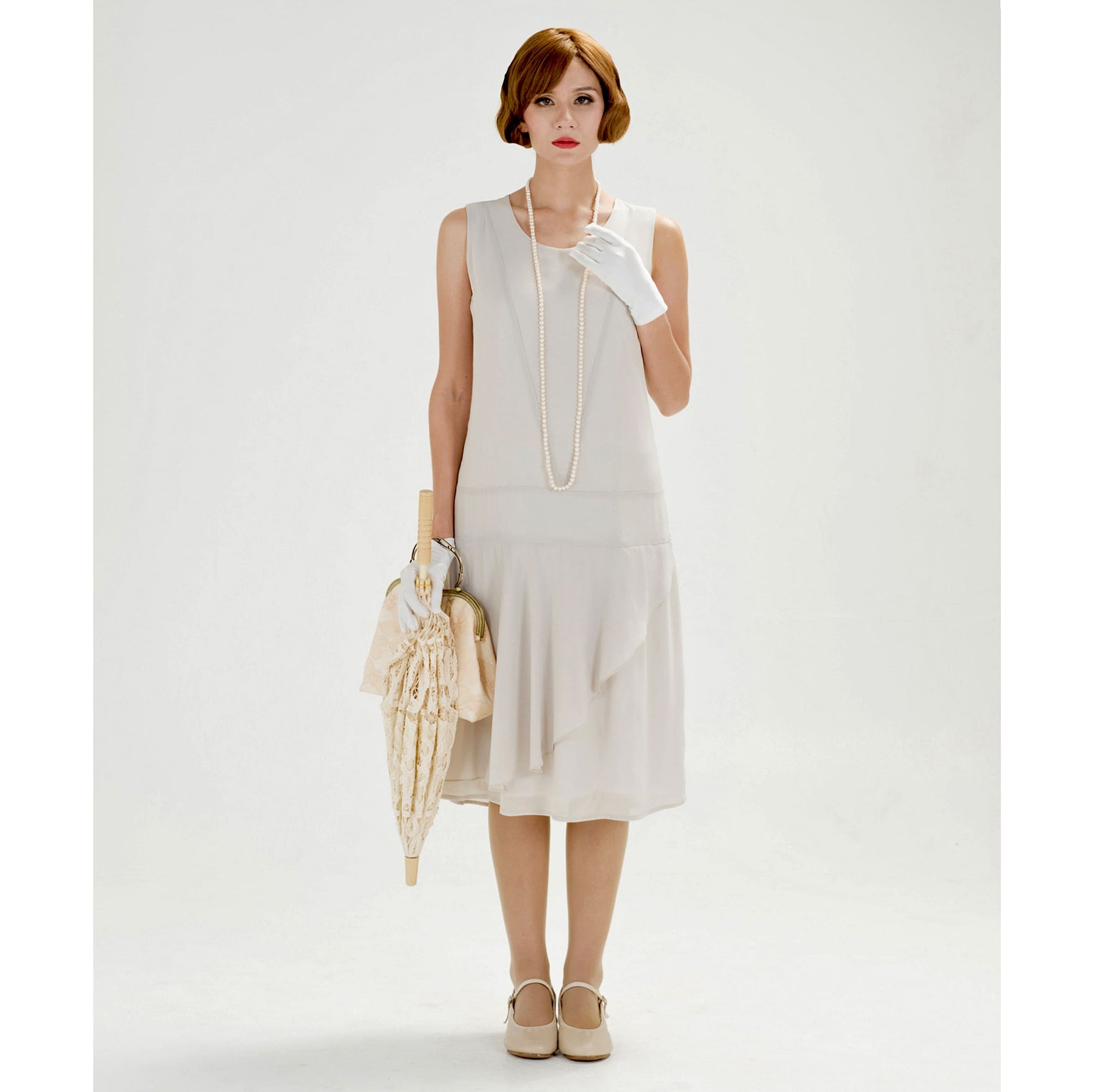 Great Gatsby chiffon dress with ruffled skirt in bleached linen color - a vintage-inspired Roaring Twenties dress