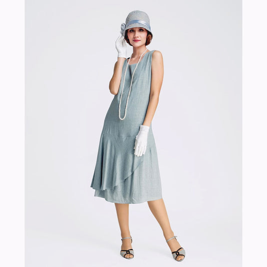 1920s dress in grey linen with a ruffled skirt detail - a vintage-inspired Roaring Twenties dress