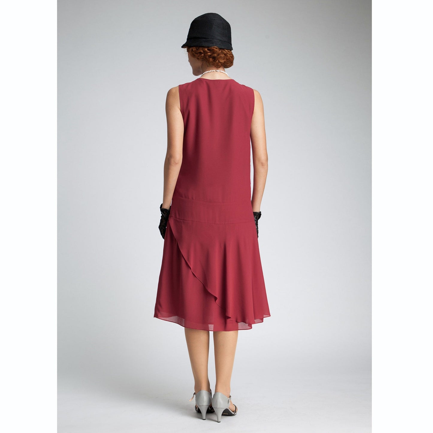 1920s chiffon flapper dress in maroon red with a ruffled skirt detail