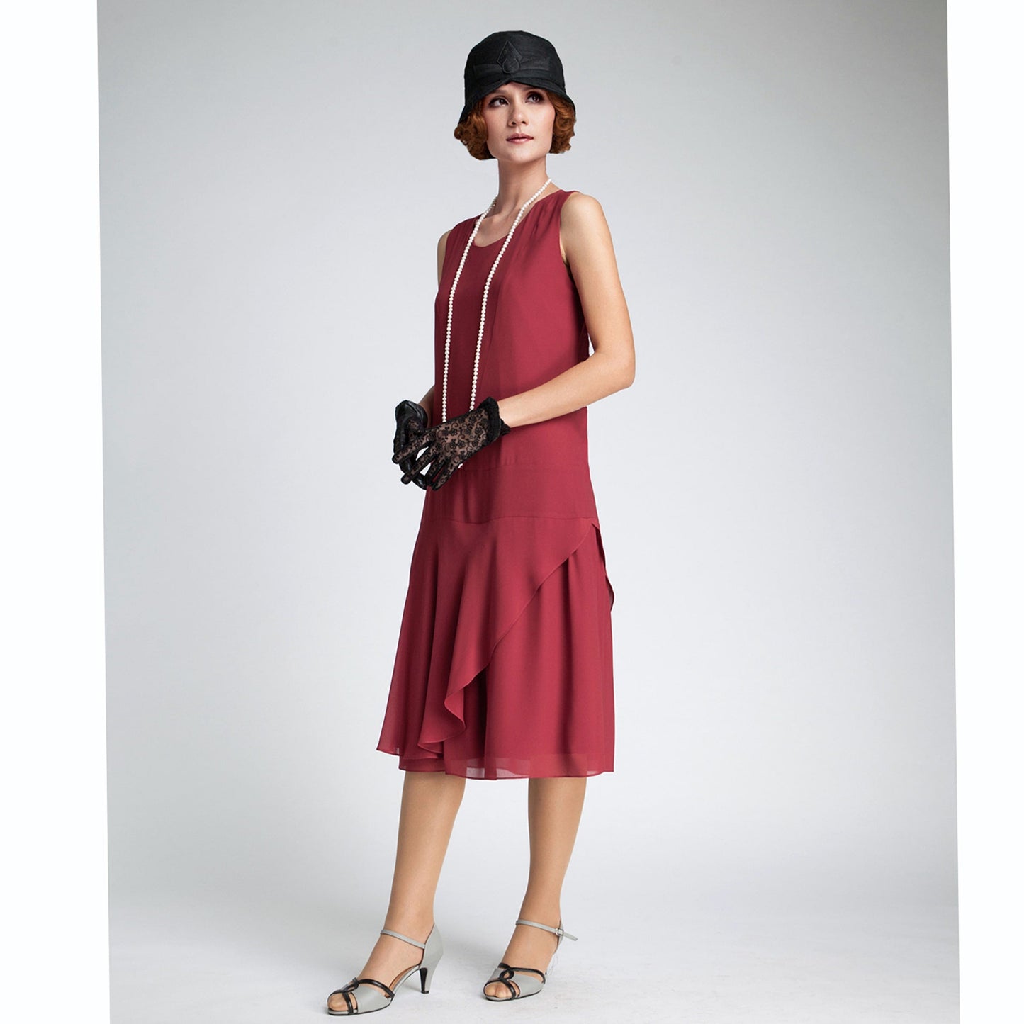 1920s chiffon flapper dress in maroon red with a ruffled skirt detail