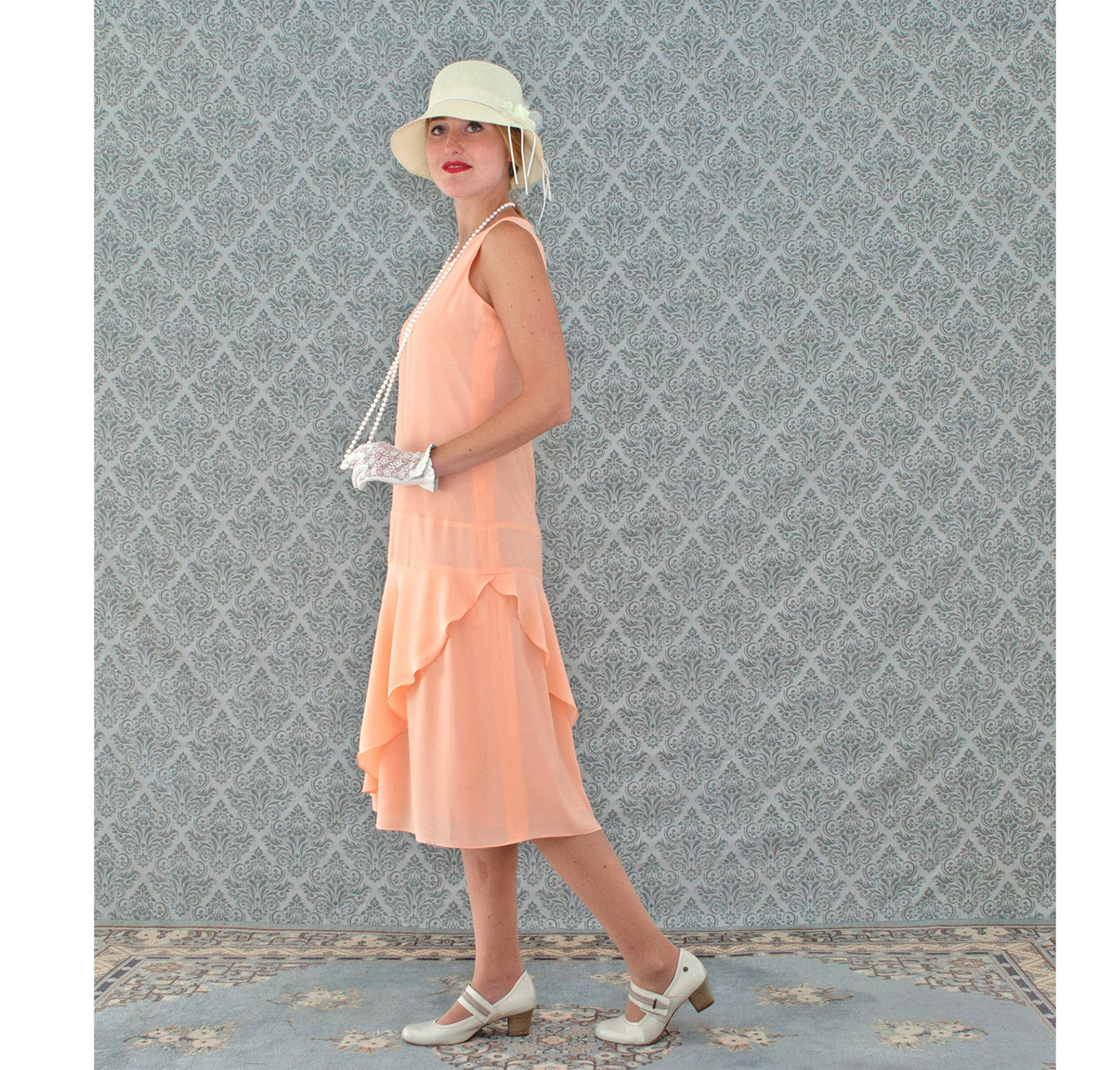 Peach chiffon 1920s dress with ruffled skirt detail. Can be worn as a flapper party dress, 20s high tea dress or Downton Abbey dress.