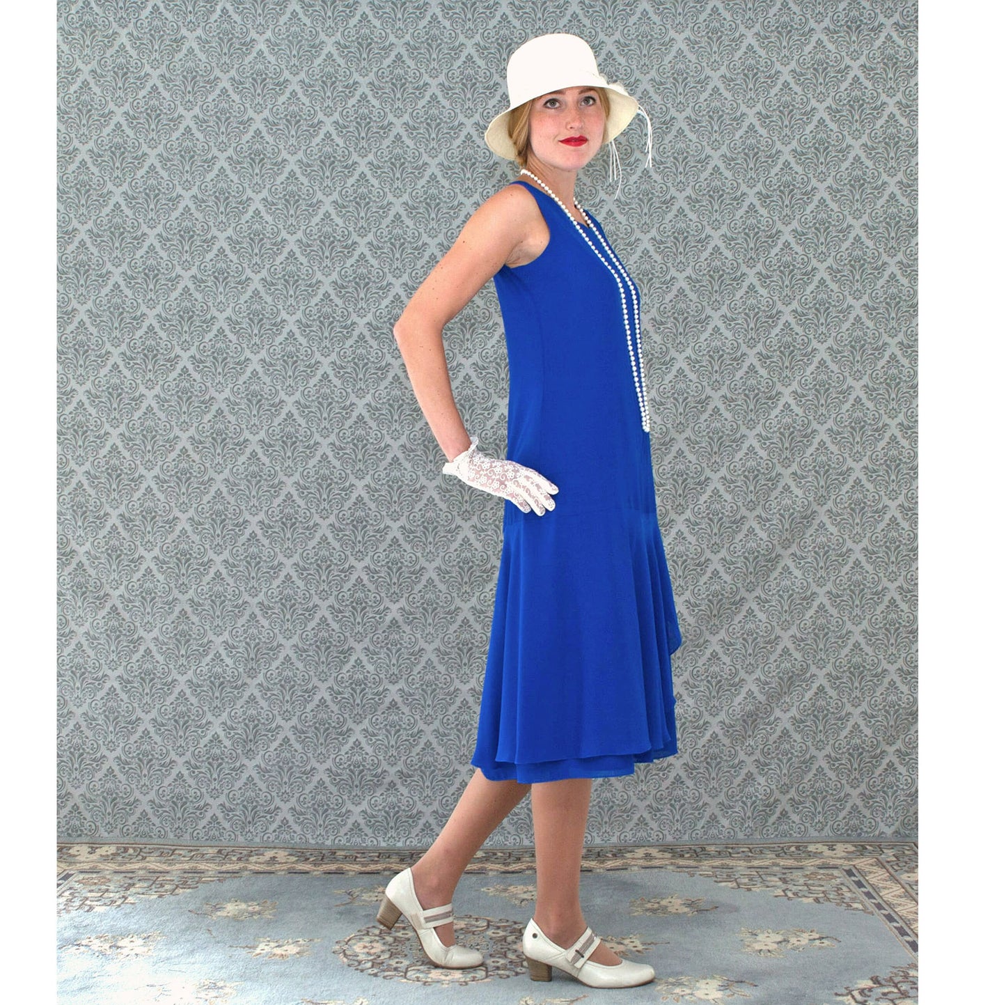 Sapphire blue drop waist chiffon dress with ruffled skirt detail