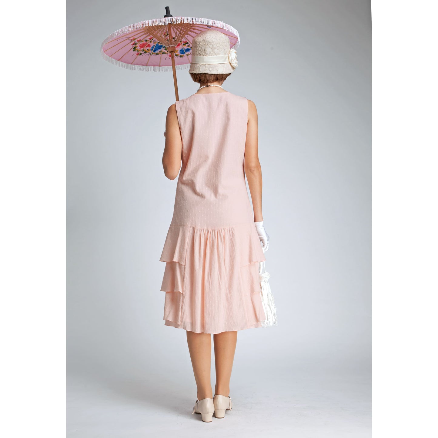 1920s dress in pale peach cotton with tiered skirt