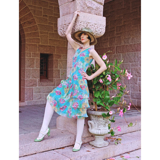 As seen on Dr. Colleen Darnell, floral silk chiffon Great Gatsby dress