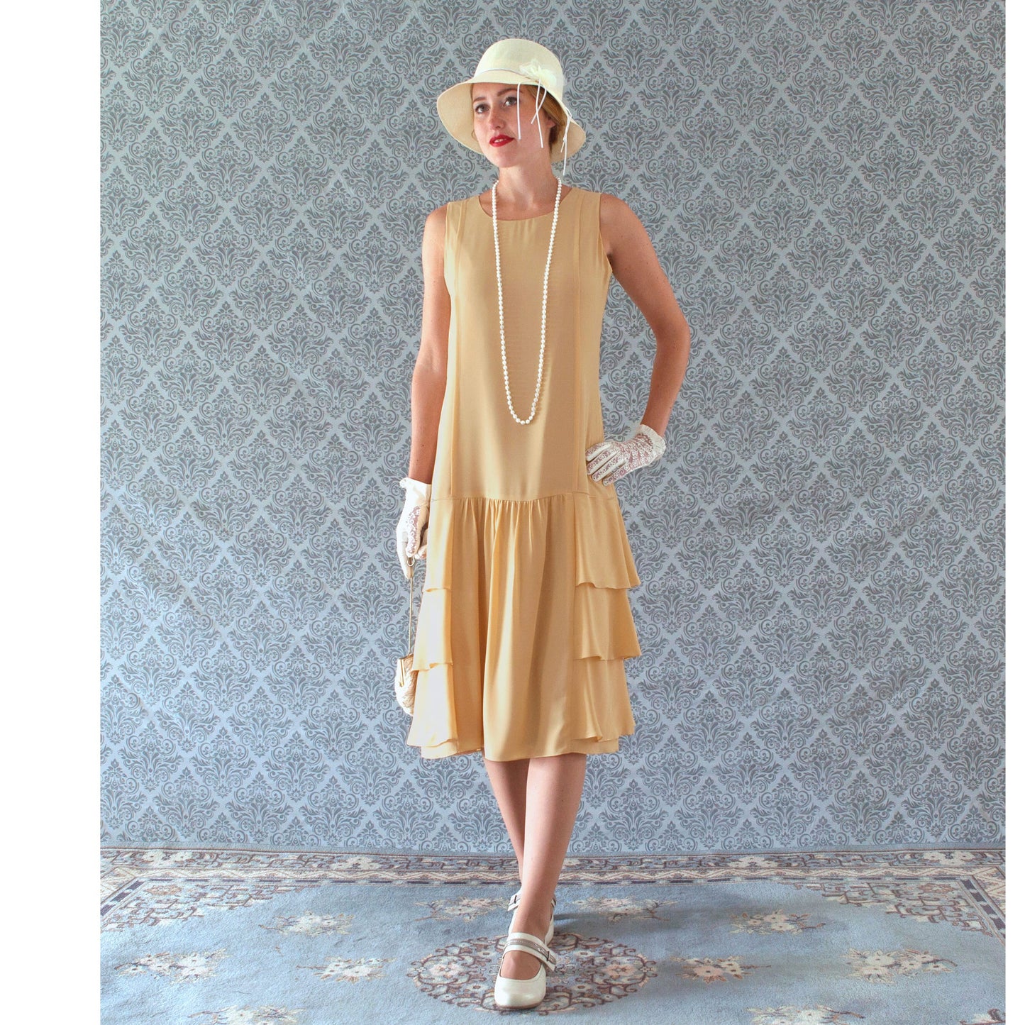 Pale marigold 1920s flapper day dress with tiered skirt - a vintage-inspired Roaring Twenties dress