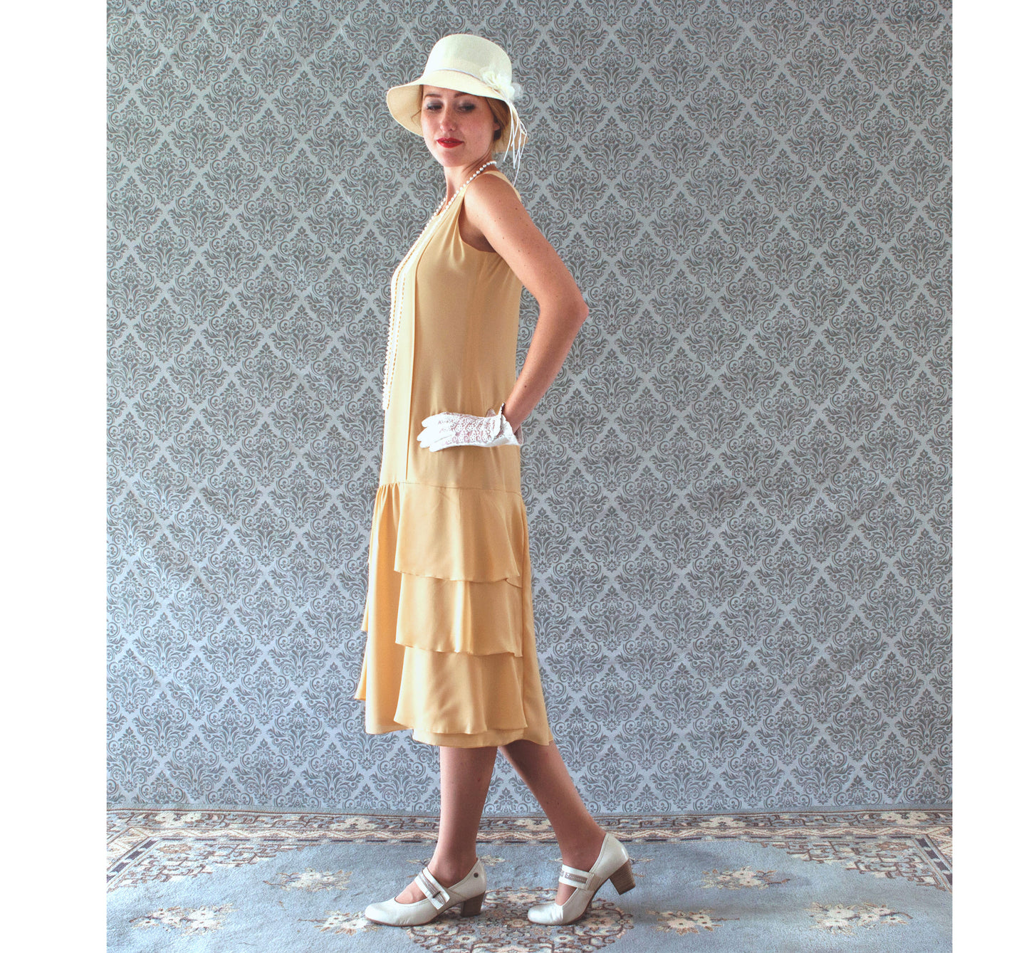 Pale marigold 1920s flapper day dress with tiered skirt