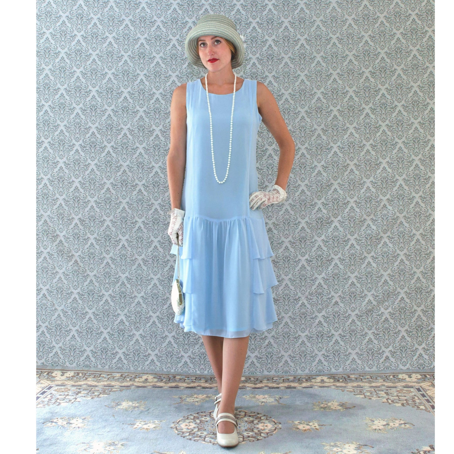 Light blue Roaring 20s dress with tiered skirt - a vintage-inspired Roaring Twenties dress