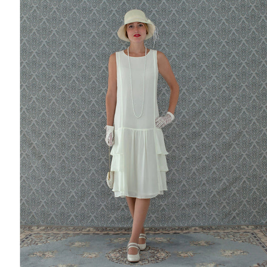 A darling 1920s-inspired dress in cream with tiered skirt - a vintage-inspired Roaring Twenties dress