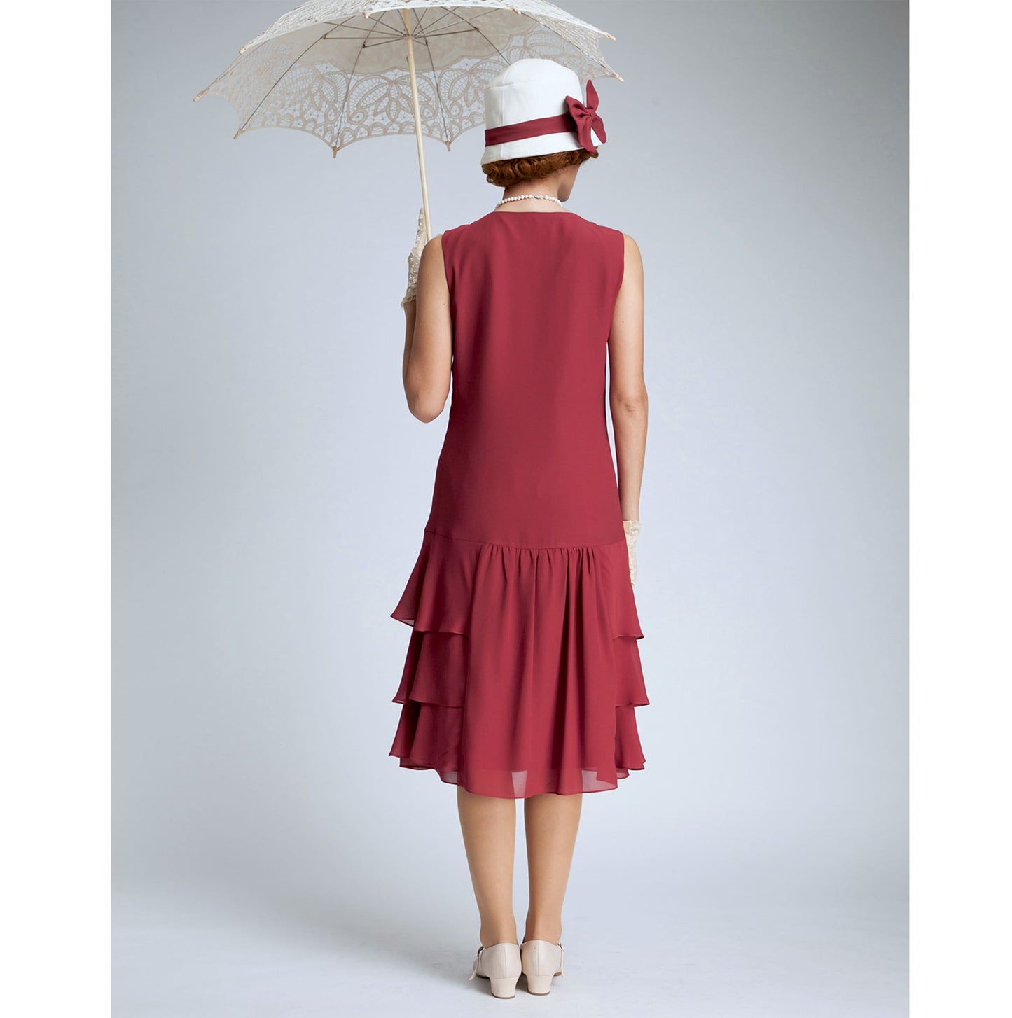Great Gatsby chiffon dress in maroon red with tiered skirt