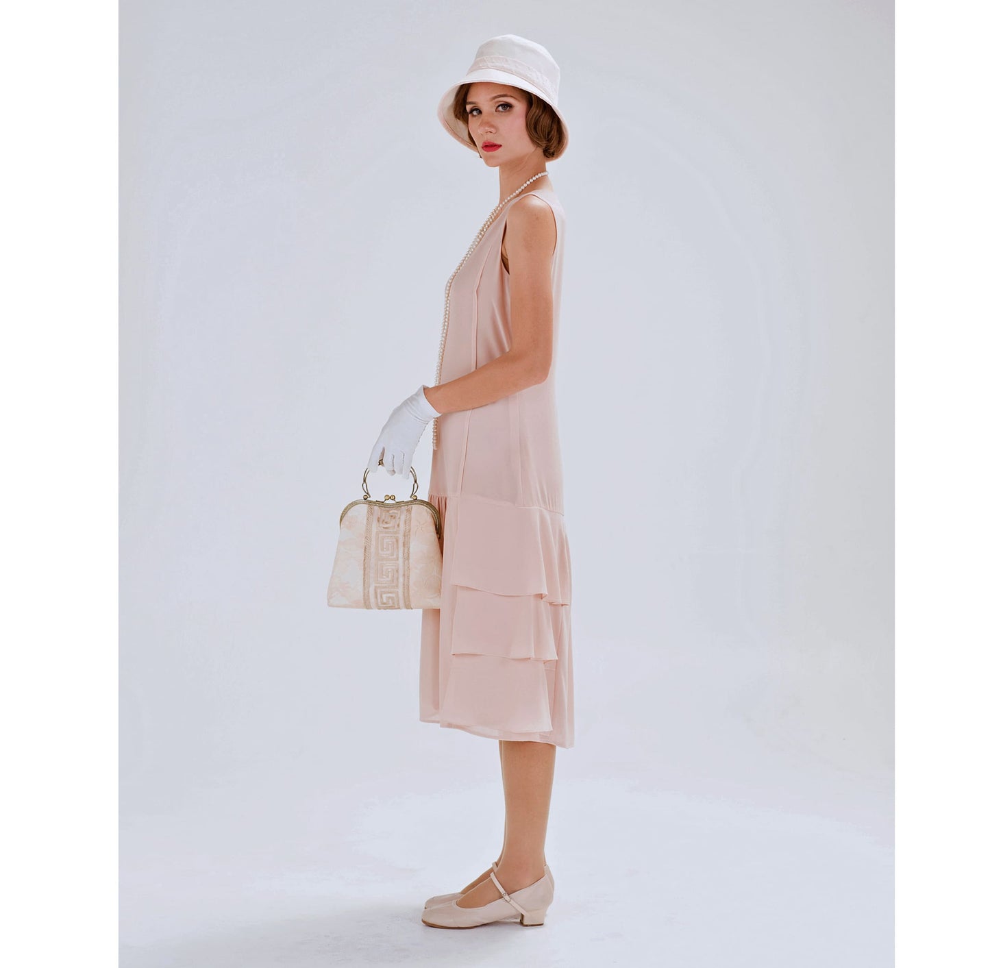 Nude chiffon 1920s dress with tiered skirt. Can be worn as Great Gatsby party dress, Downton Abbey dress or roaring 20s flapper costume.